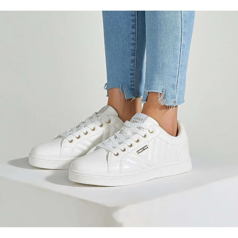 Women's White PU Glitter Shoes Sparkly Bling Shiny Bedazzled Lace Up Sneaker - Picture 9 of 9